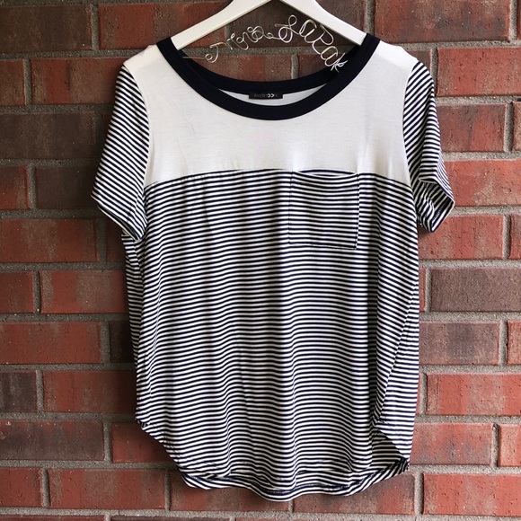 🔴 Pocket Tee Shirt Striped Crew Neck Navy White - Picture 2 of 4